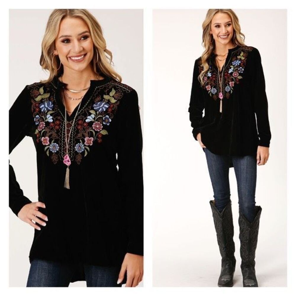 Roper Women’s Long Sleeve Black Velvet Floral Embroidered Tunic Top Blouse Small